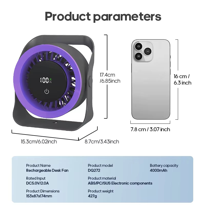 Outdoor Portable Electric Fan 4000Mah Angle Adjustable Rechargeable Desktop Fan Wall Mount Low-Noise 100 Gear Desk Cooling Fan
