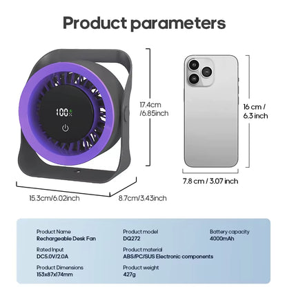 Outdoor Portable Electric Fan 4000Mah Angle Adjustable Rechargeable Desktop Fan Wall Mount Low-Noise 100 Gear Desk Cooling Fan
